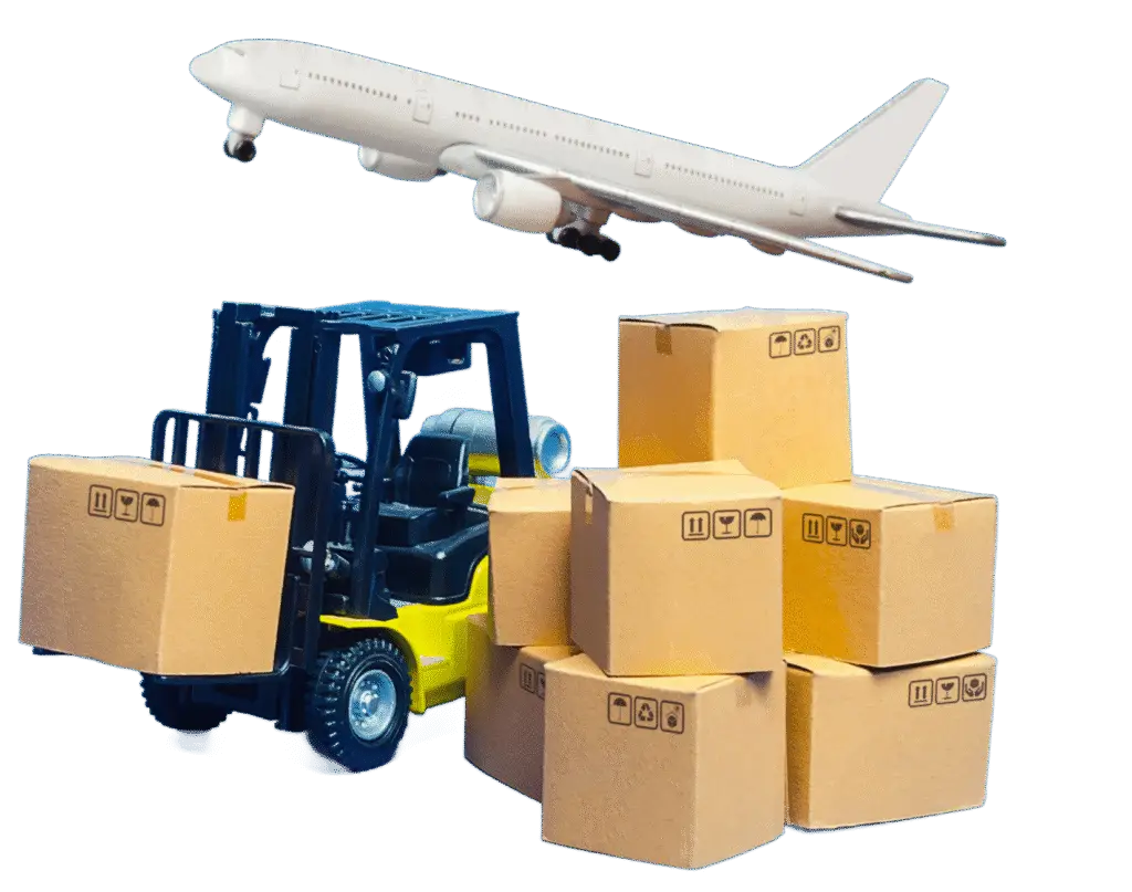 Logistics services concept featuring forklift moving cardboard boxes and airplane flying above, symbolizing global air freight and cargo handling solutions.