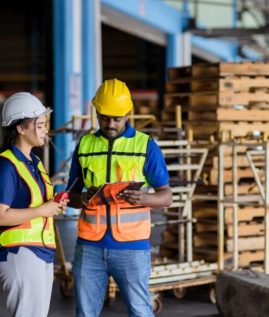 Warehouse workers in safety gear discussing inventory using digital tablet, representing modern logistics services and supply chain coordination.