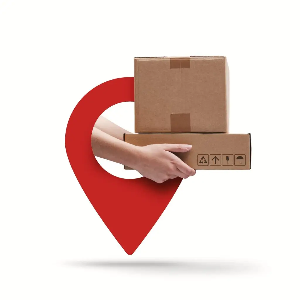 Next-day parcel delivery icon showing UK parcel courier location and package handoff.