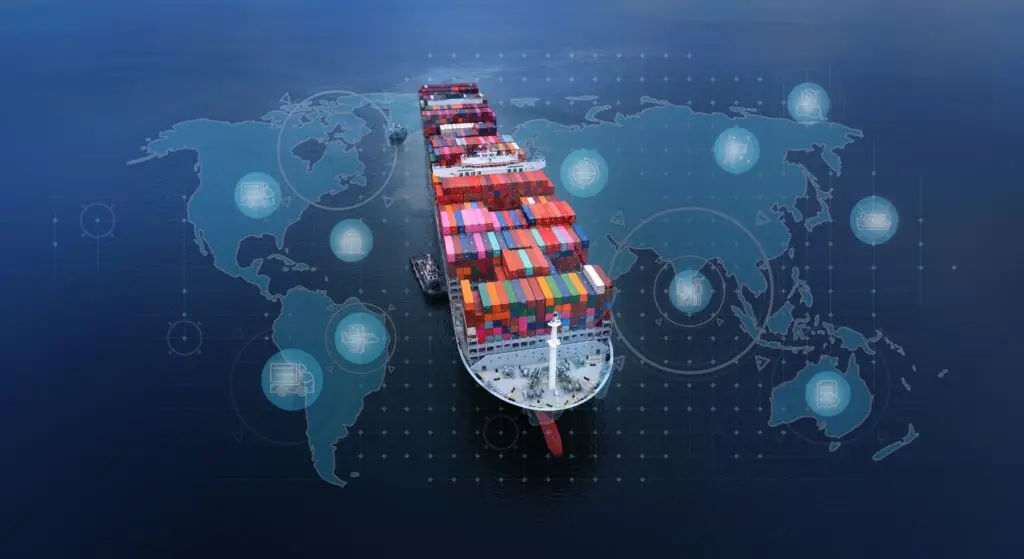Large cargo ship carrying sea cargo containers across global trade routes with digital logistics icons overlay, representing international maritime shipping.