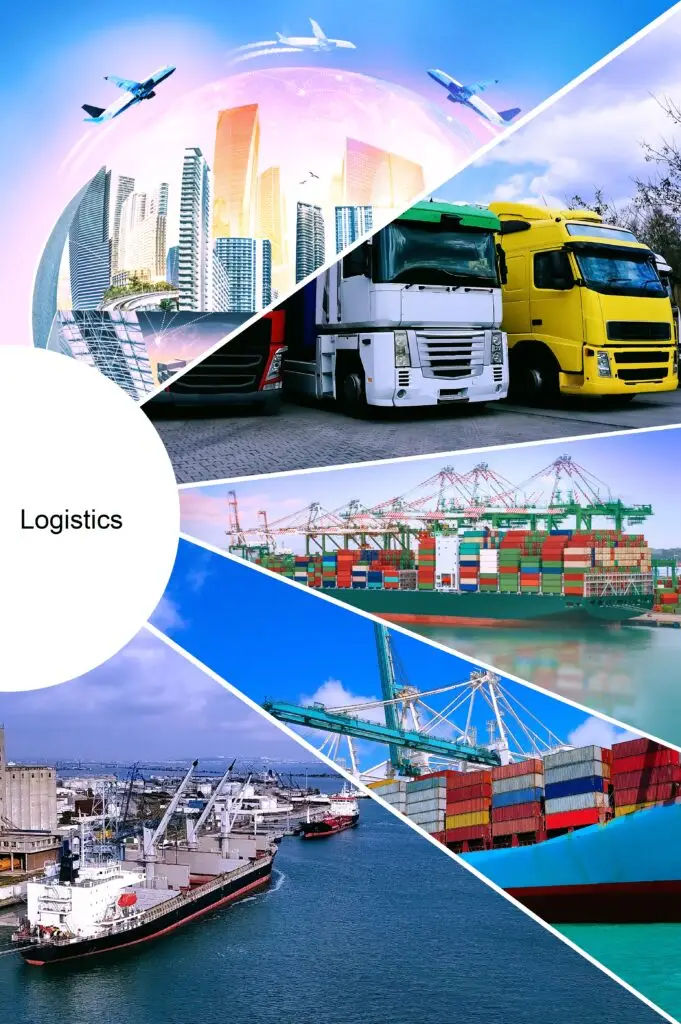 UK import services illustration showing air freight, road haulage, sea cargo, and global logistics infrastructure