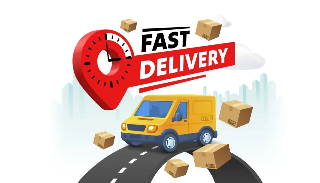 Illustration of a UK parcel courier next-day parcel delivery van driving on road with fast delivery parcels and clock location icon.