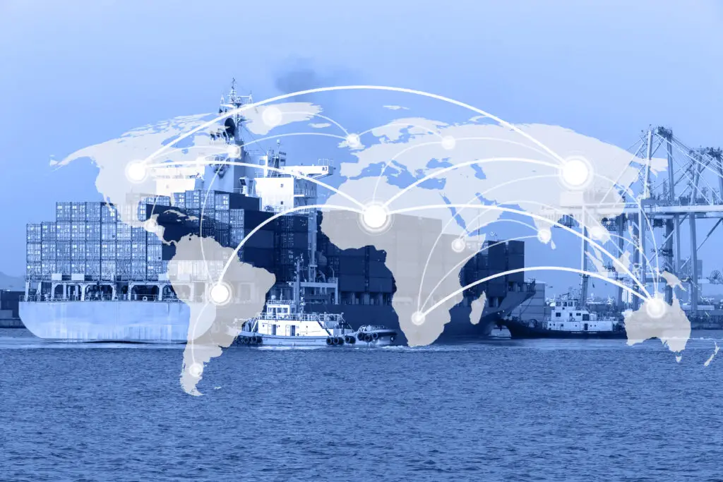 Cargo ships at port with global network overlay, representing international import logistics and global supply chain connections.